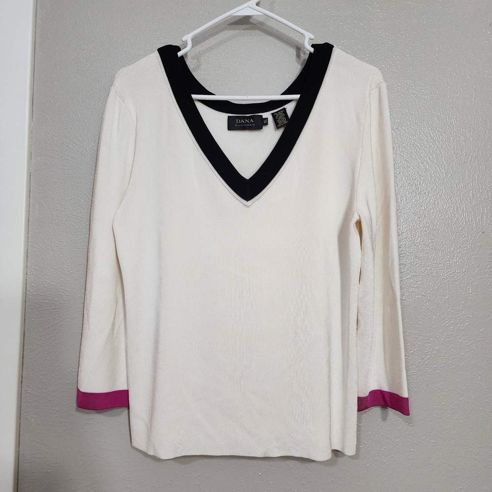 Dana Bachman Top Women's XL Long Sleeve Cream V Neck Magenta Cuffs